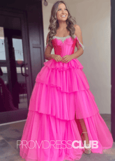 Daisy |Hot Pink Prom Dress Long A Line Tulle Tiered Corset Beaded with Slit - Hot Pink - PromDressClub